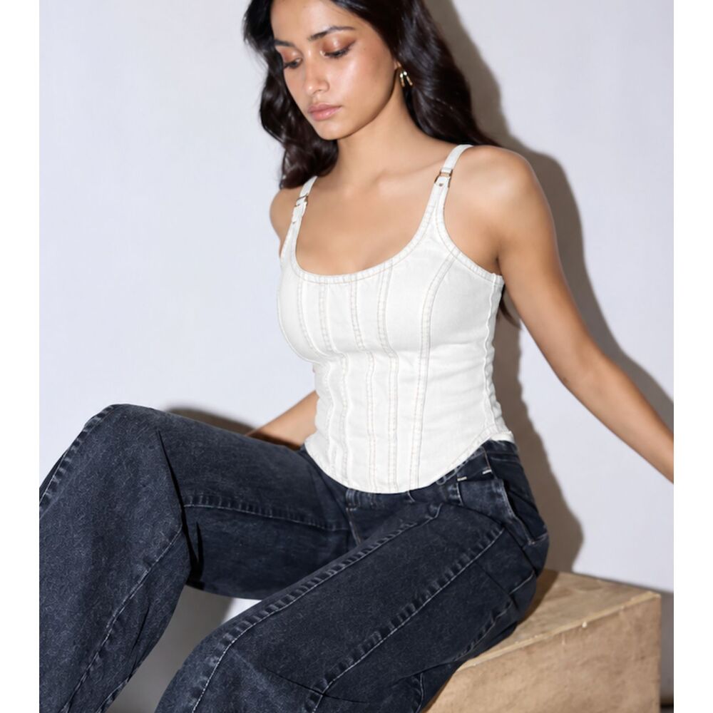 SUMMER AWAY Vivian Denim Corset Top White Small NEW NWT